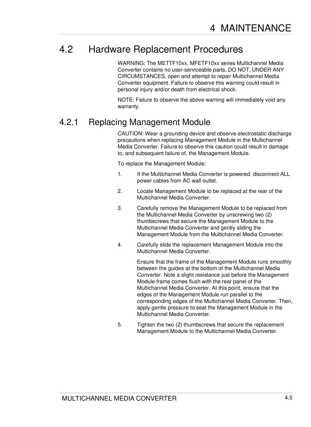 Transition Networks DVP 5140K manual Hardware Replacement Procedures, Replacing Management Module 