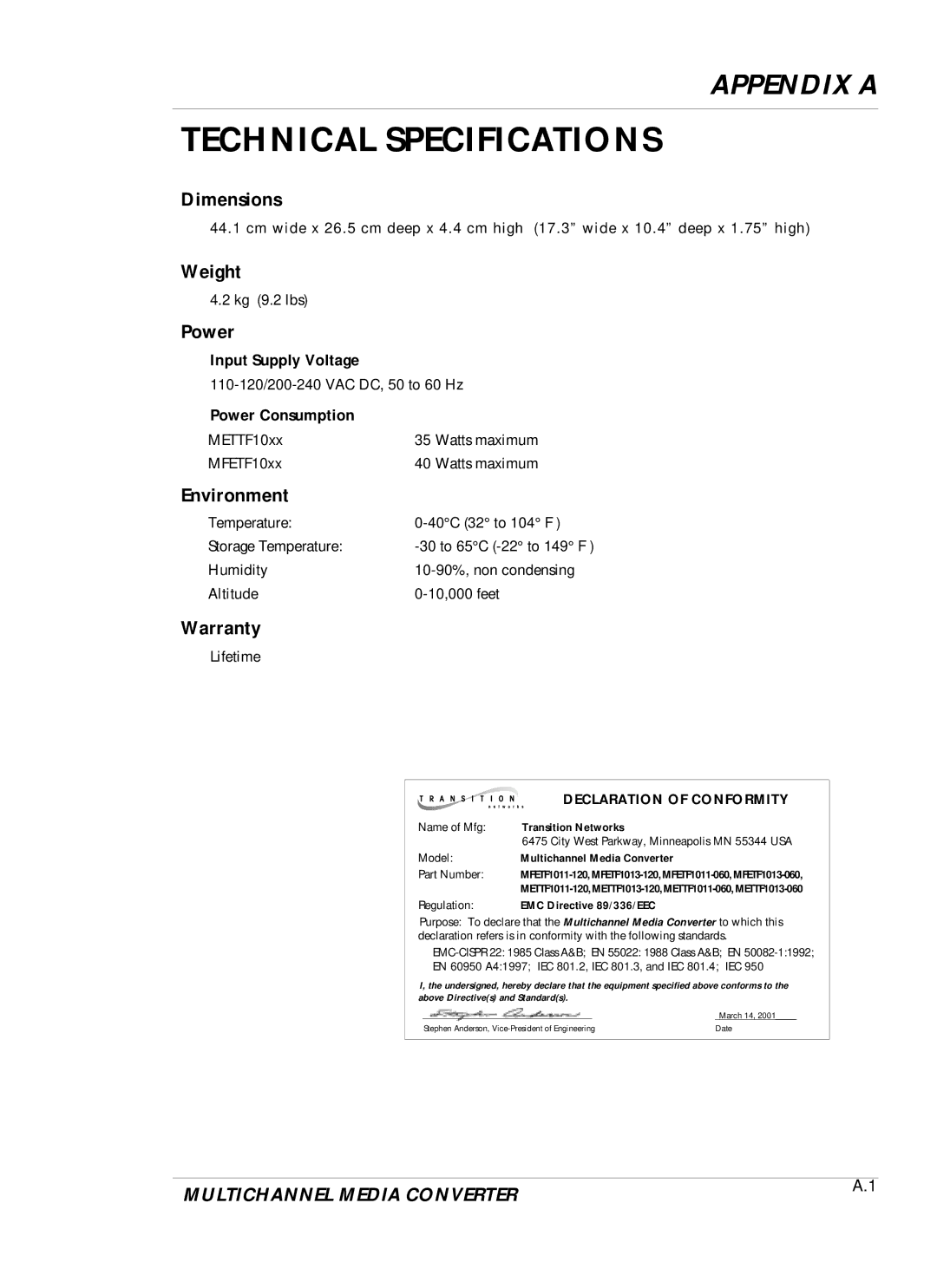 Transition Networks DVP 5140K manual Technical Specifications, Power 