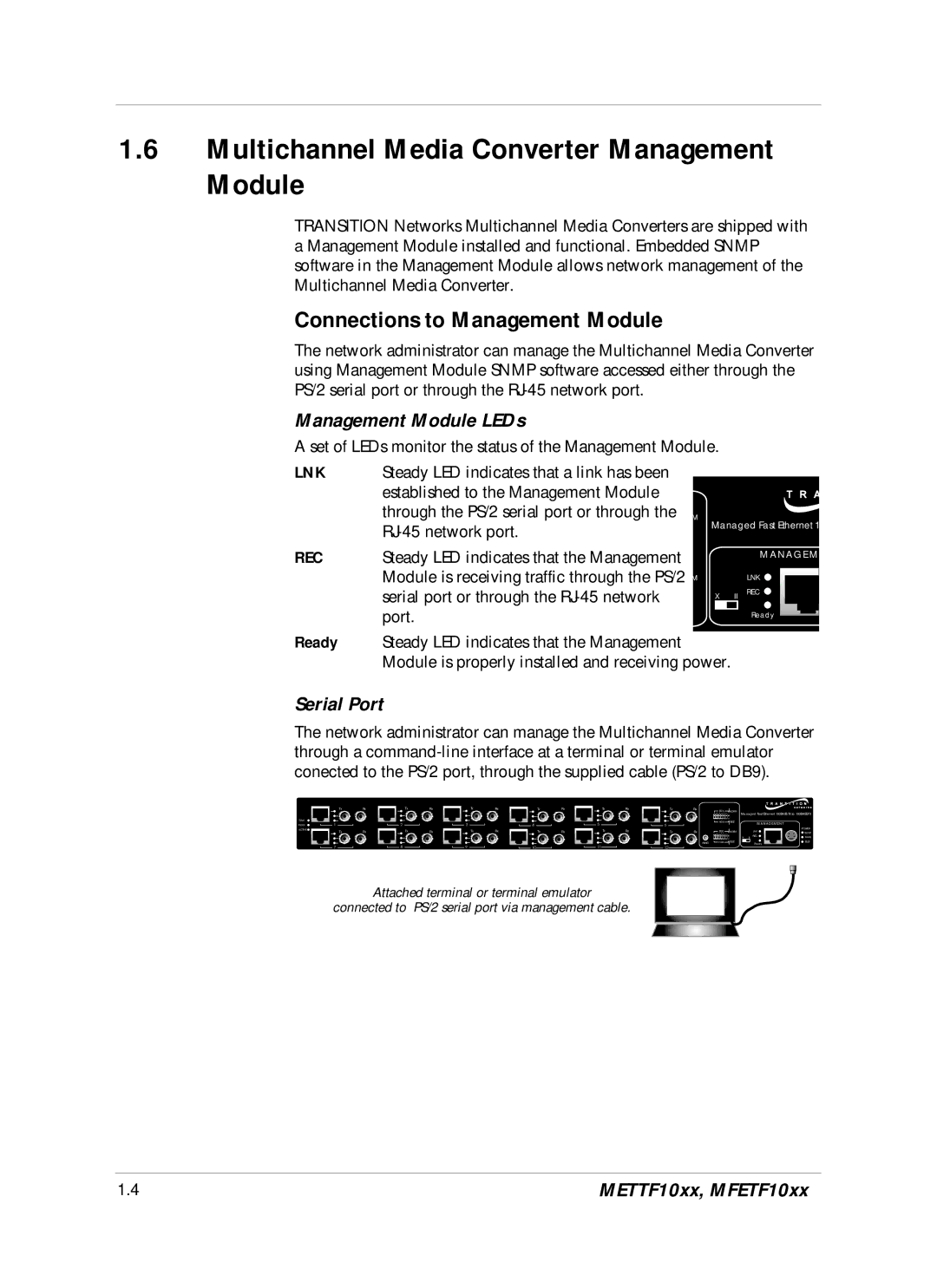 Transition Networks DVP 5140K manual Multichannel Media Converter Management Module, Management Module LEDs, Serial Port 