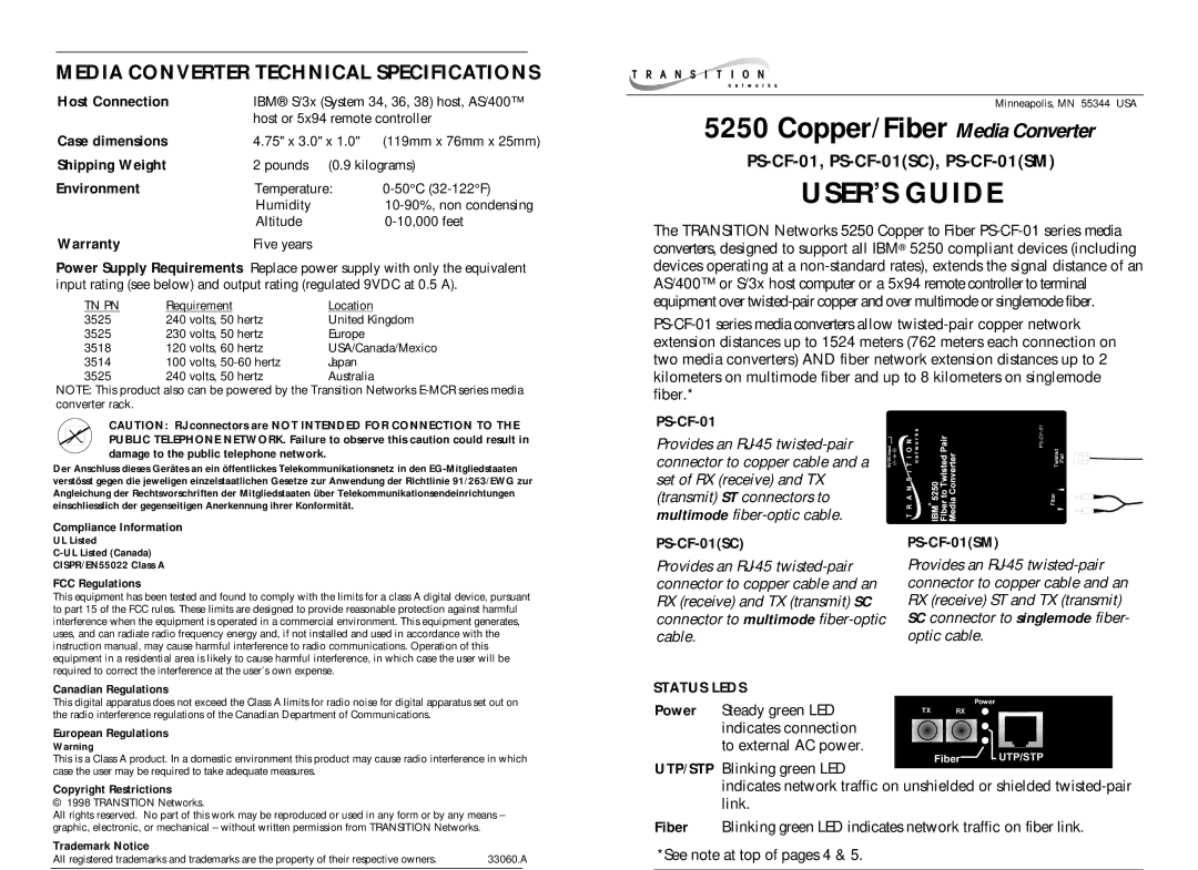 Transition Networks DVP 5960 technical specifications Media Converter Technical Specifications, Status Leds 