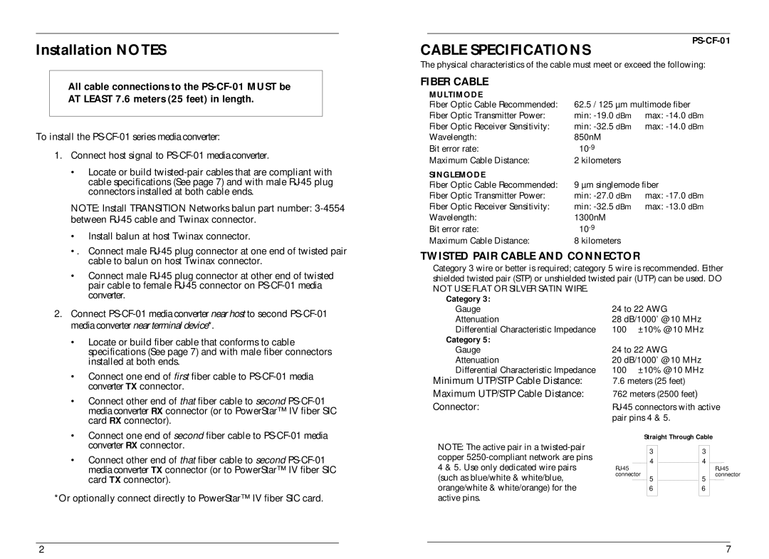 Transition Networks DVP 5960 technical specifications Cable Specifications, Media converter near terminal device 