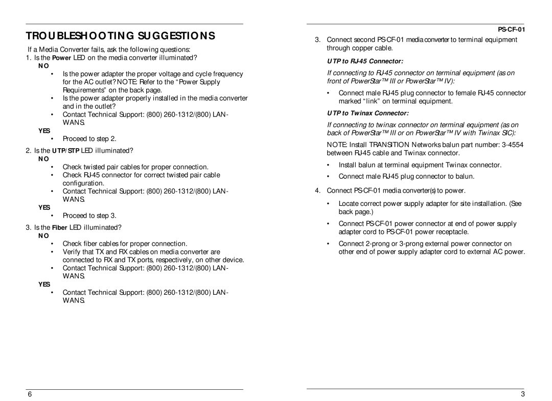 Transition Networks DVP 5960 technical specifications Troubleshooting Suggestions, Yes 