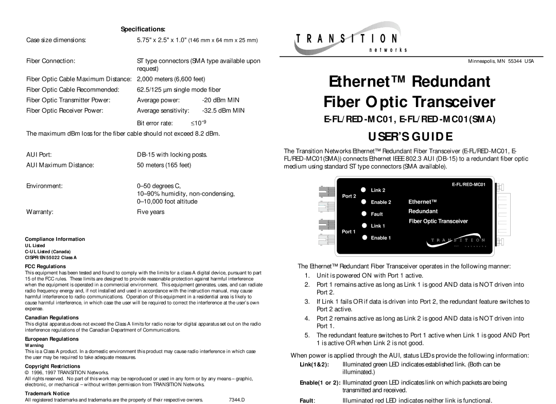 Transition Networks E-FL/RED-MC01 specifications Compliance Information, FCC Regulations Canadian Regulations 