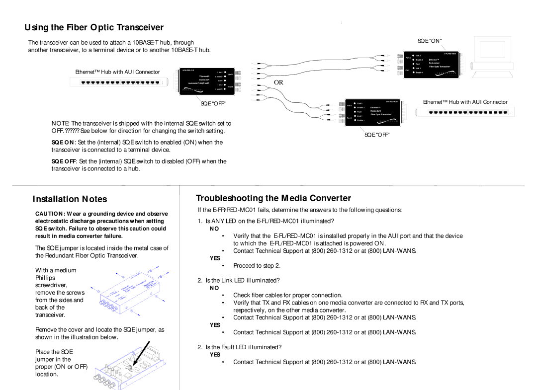 Transition Networks E- FL/RED-MC01(SMA) Using the Fiber Optic Transceiver, Installation Notes, SQE on, Sqe Off 