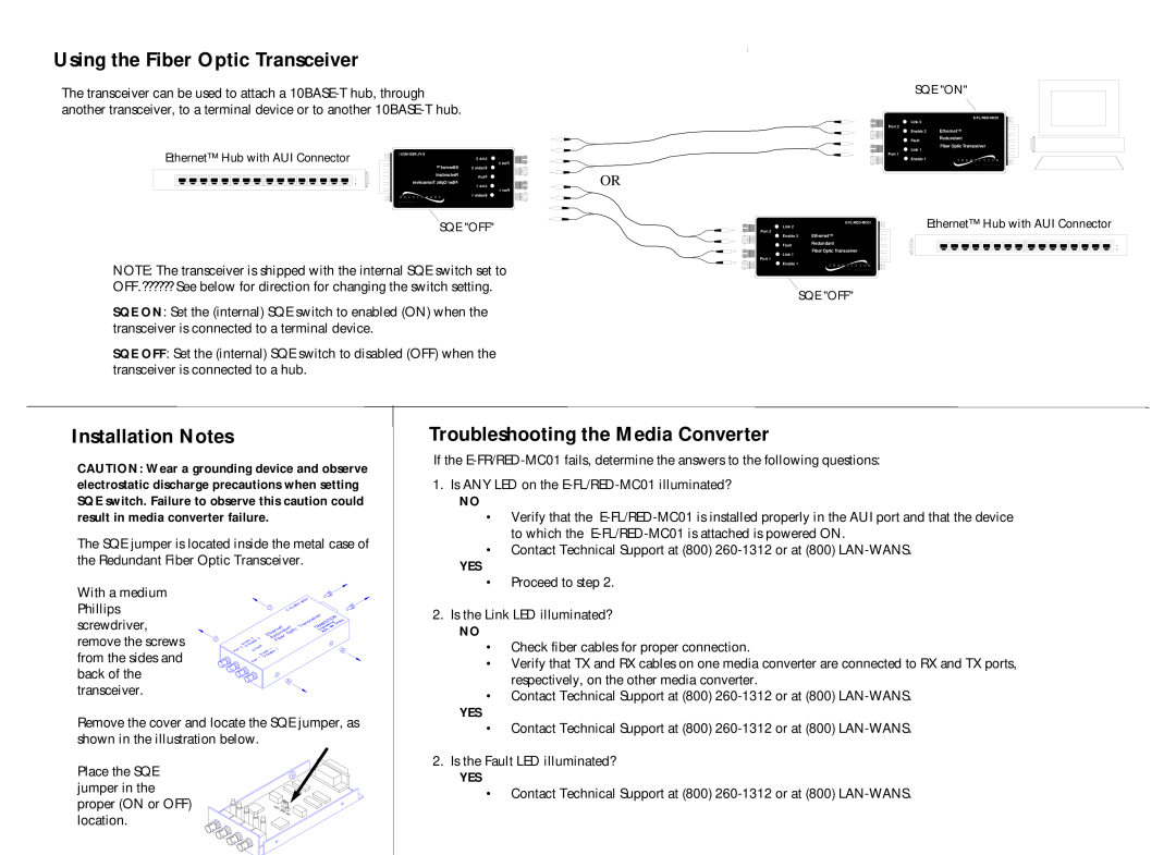 Transition Networks E- FL/RED-MC01(SMA), E-FL/RED-MC01 specifications Using the Fiber Optic Transceiver, Installation Notes 