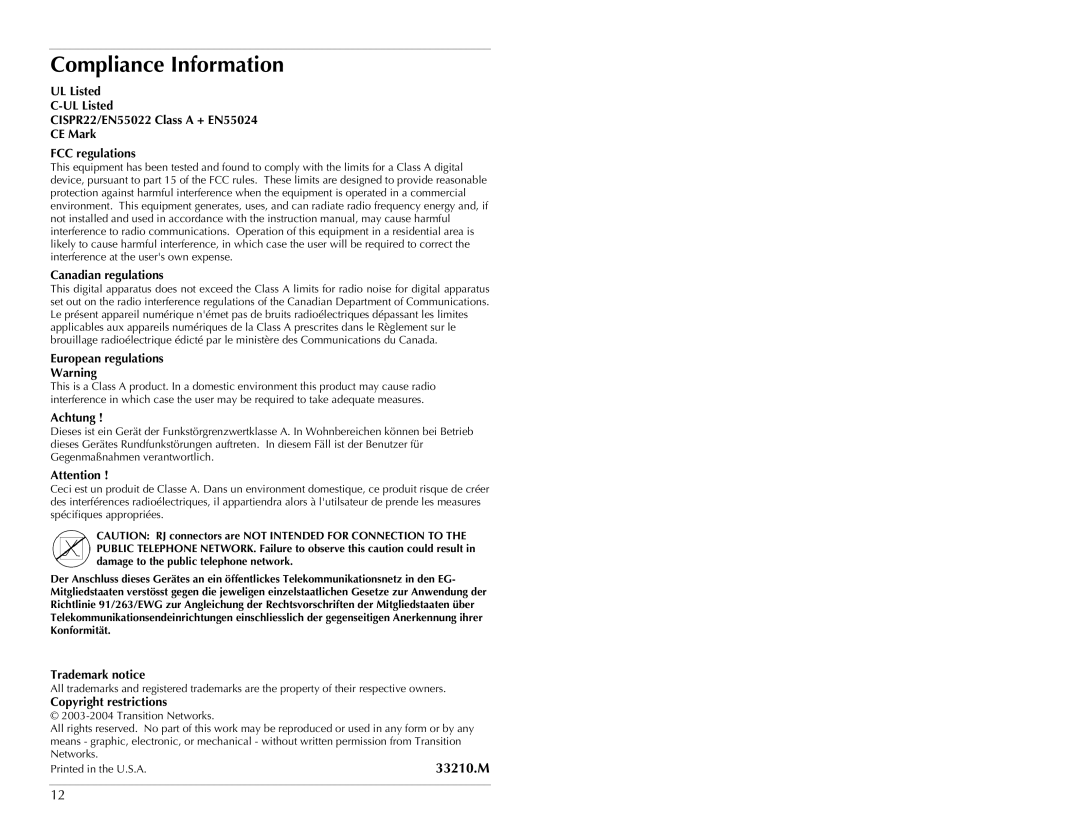 Transition Networks E-100BTX-FX-05 Compliance Information, 33210.M, FCC regulations, Canadian regulations, Achtung 