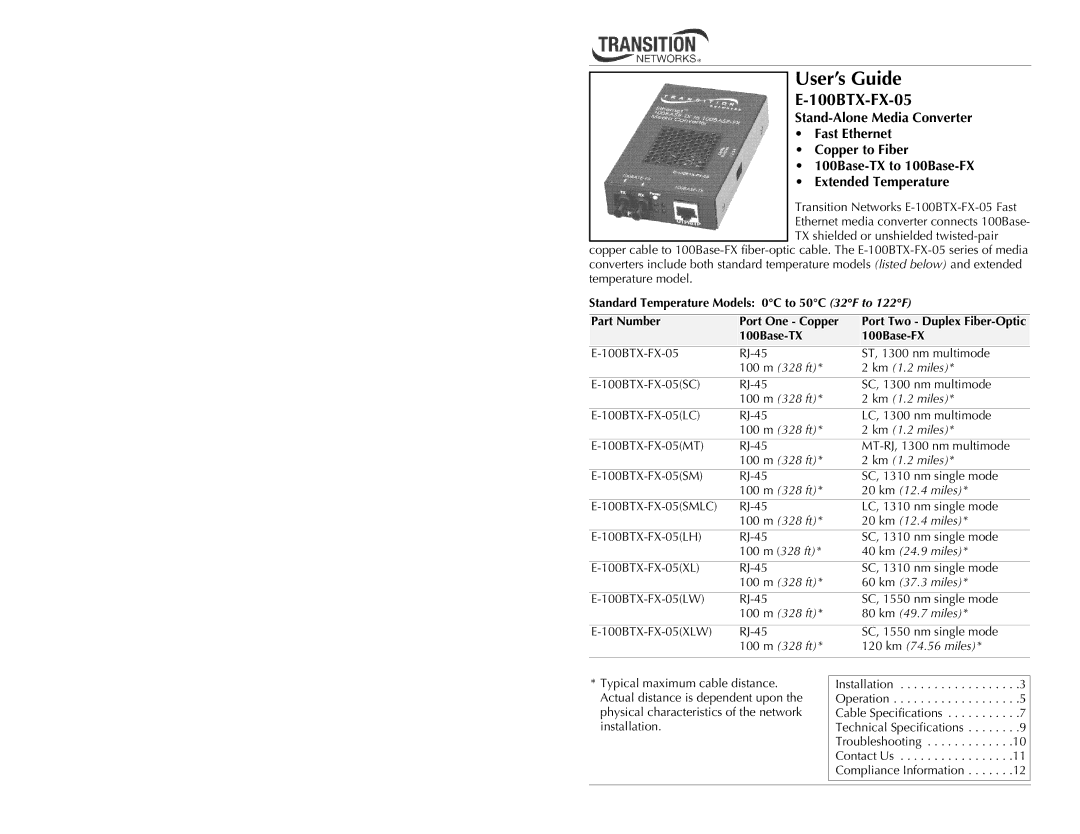 Transition Networks E-100BTX-FX-05 specifications 100Base-TX 100Base-FX 