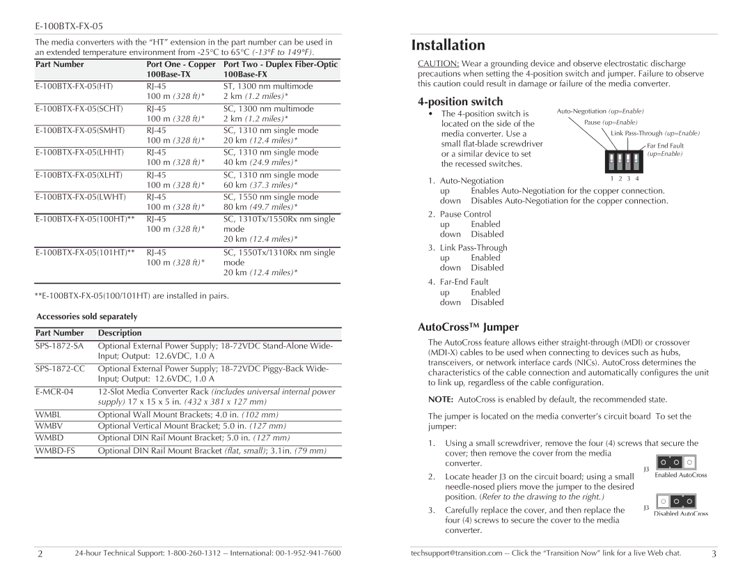 Transition Networks E-100BTX-FX-05 specifications Installation, Position switch, AutoCross Jumper 