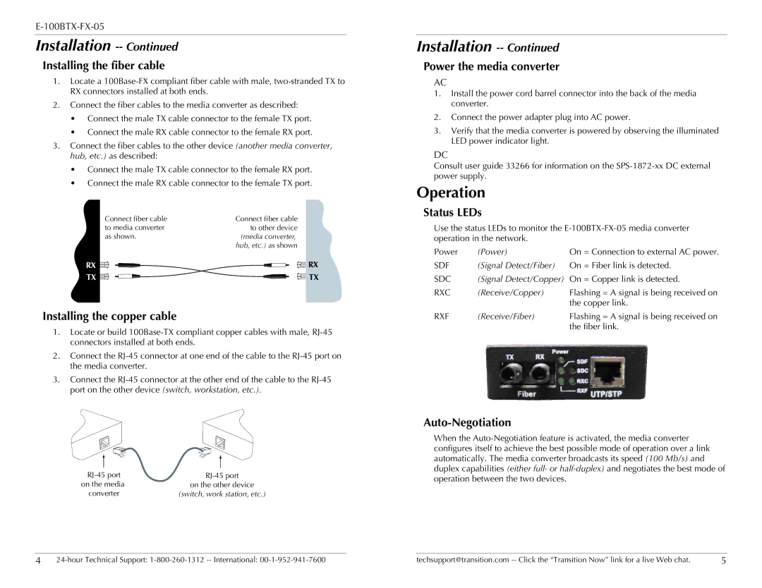 Transition Networks E-100BTX-FX-05 specifications Installation, Operation 