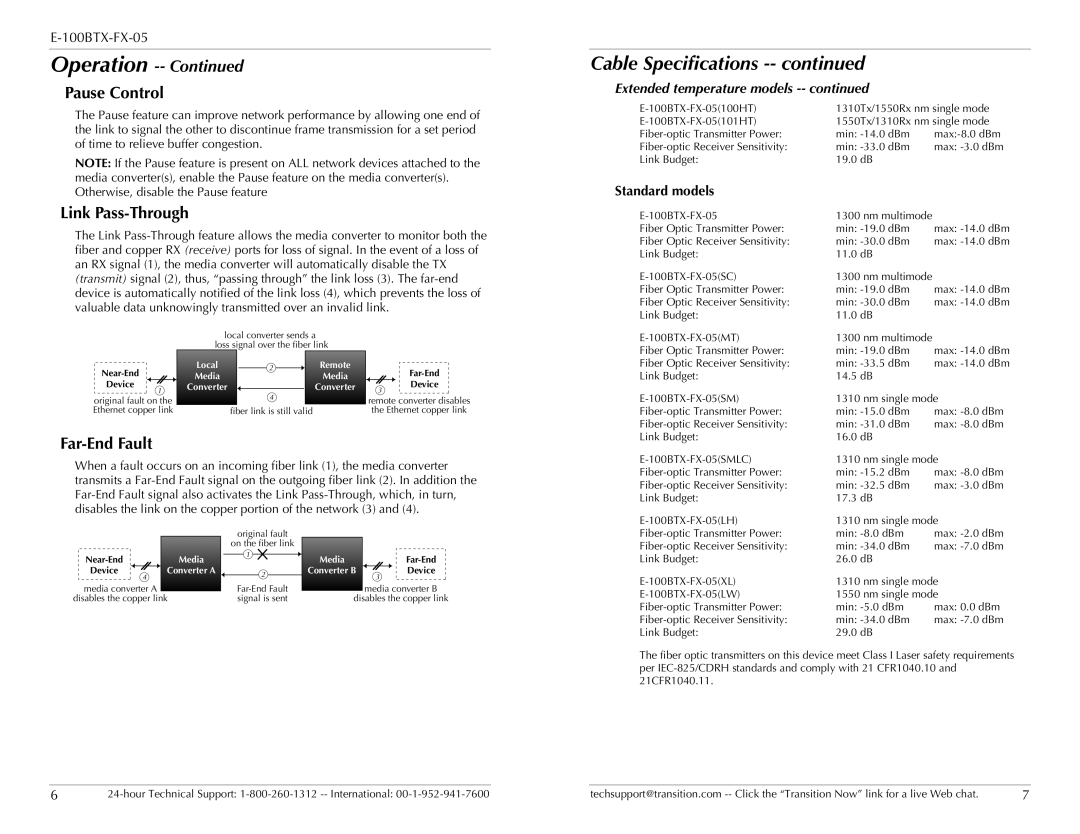 Transition Networks E-100BTX-FX-05 Pause Control, Link Pass-Through, Far-End Fault, Extended temperature models 