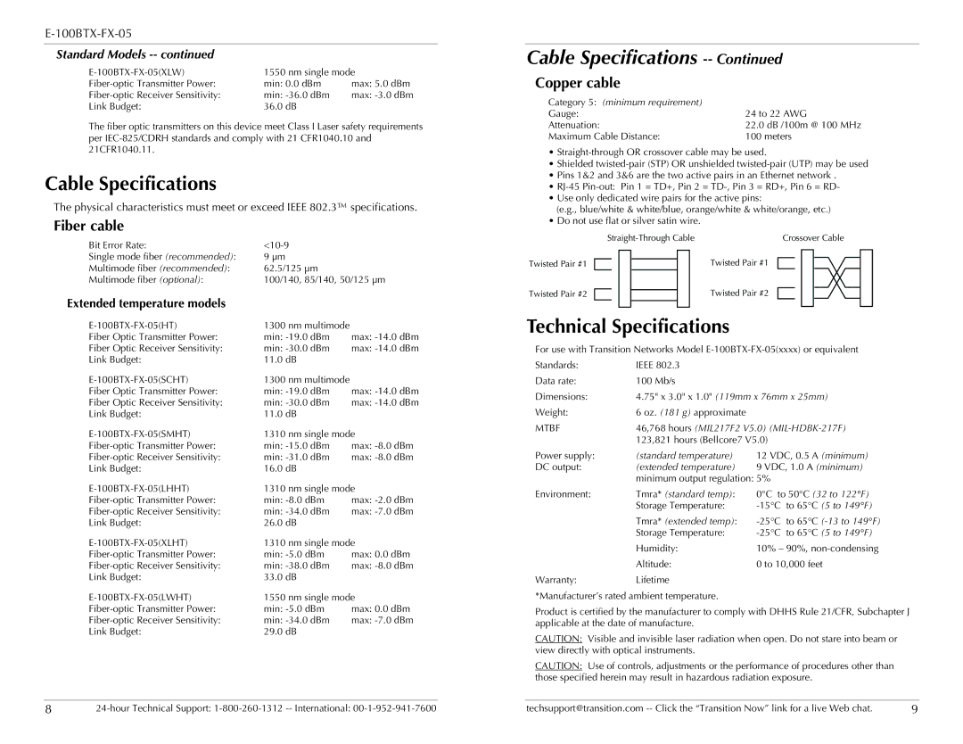 Transition Networks E-100BTX-FX-05 specifications Cable Specifications, Technical Specifications, Fiber cable, Copper cable 