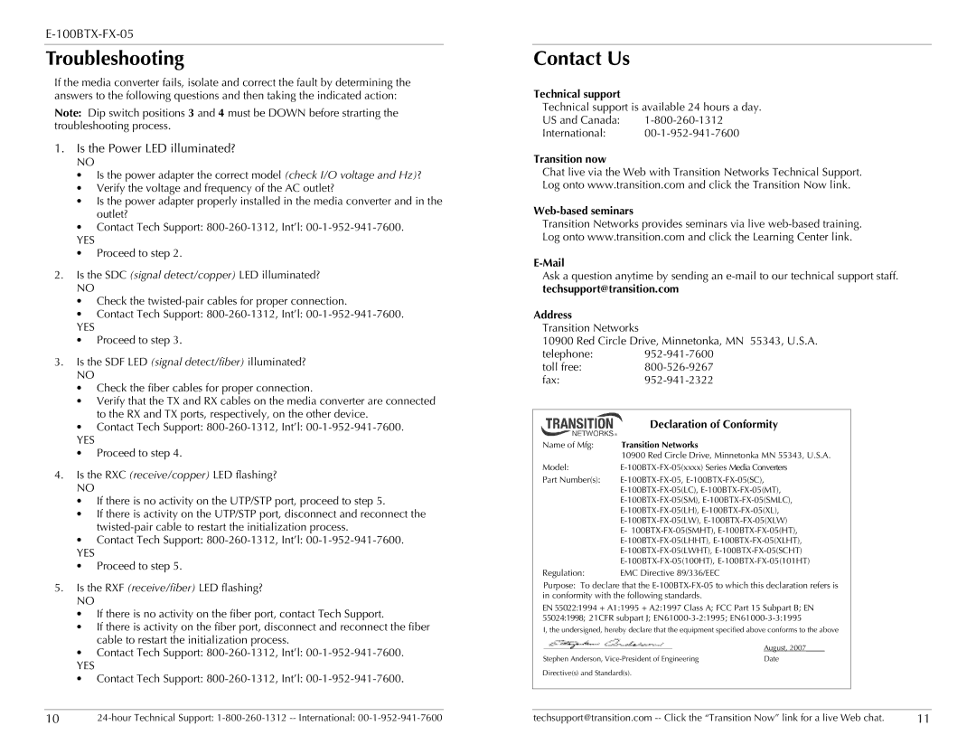 Transition Networks E-100BTX-FX-05 specifications Troubleshooting, Contact Us, Is the Power LED illuminated? 