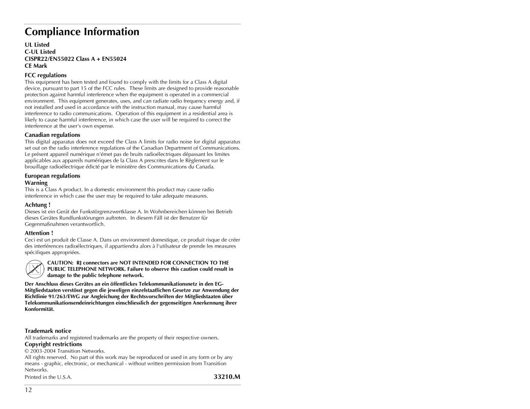 Transition Networks E-100BTX-FX-05 specifications Compliance Information, European regulations, Achtung, Trademark notice 