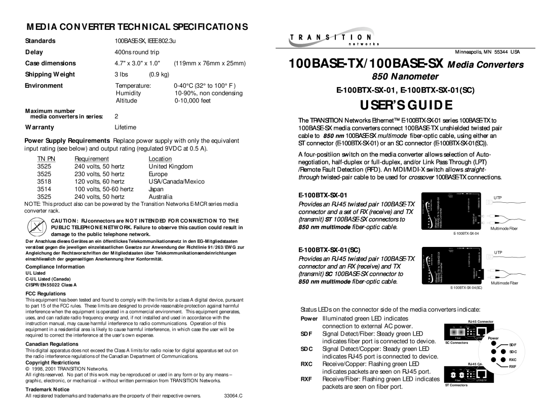 Transition Networks E-100BTX-SX-01 warranty Media Converter Technical Specifications, Standards, Delay, Case dimensions 