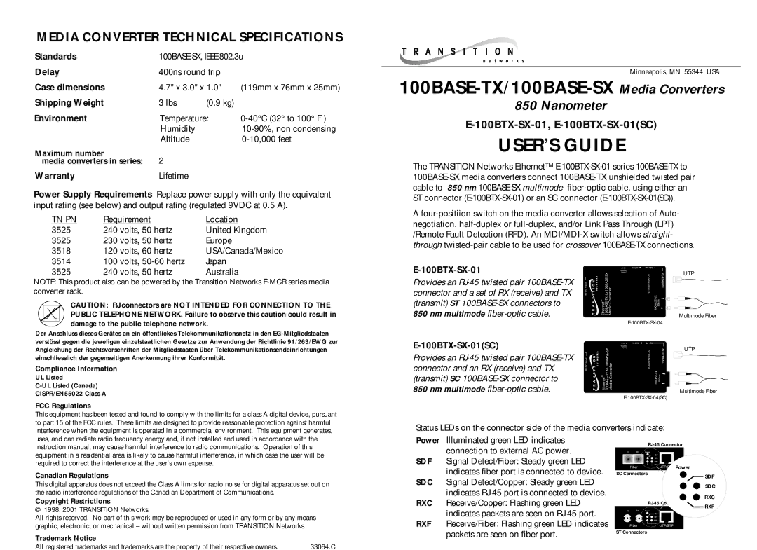 Transition Networks E-100BTX-SX-01 warranty Standards, Delay, Case dimensions, Shipping Weight, Environment 