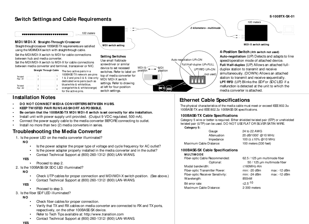 Transition Networks E-100BTX-SX-01 warranty Switch Settings and Cable Requirements, Installation Notes 