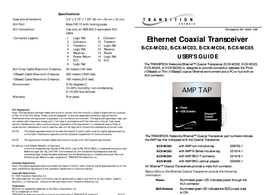 Transition Networks E-CX-MC02 specifications E-CX-MC03, E-CX-MC04, E-CX-MC05, Ethernet Coaxial Transceiver, User’S Guide 