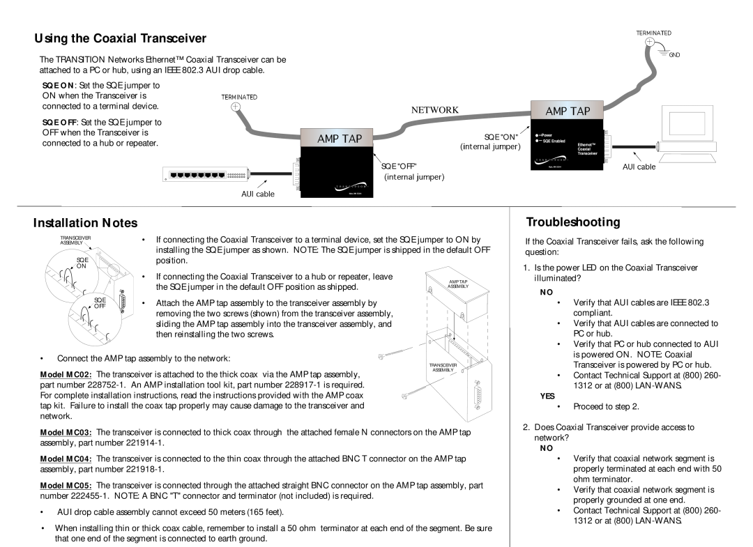 Transition Networks E-CX-MC02 specifications Using the Coaxial Transceiver, Installation Notes, Troubleshooting, Network 