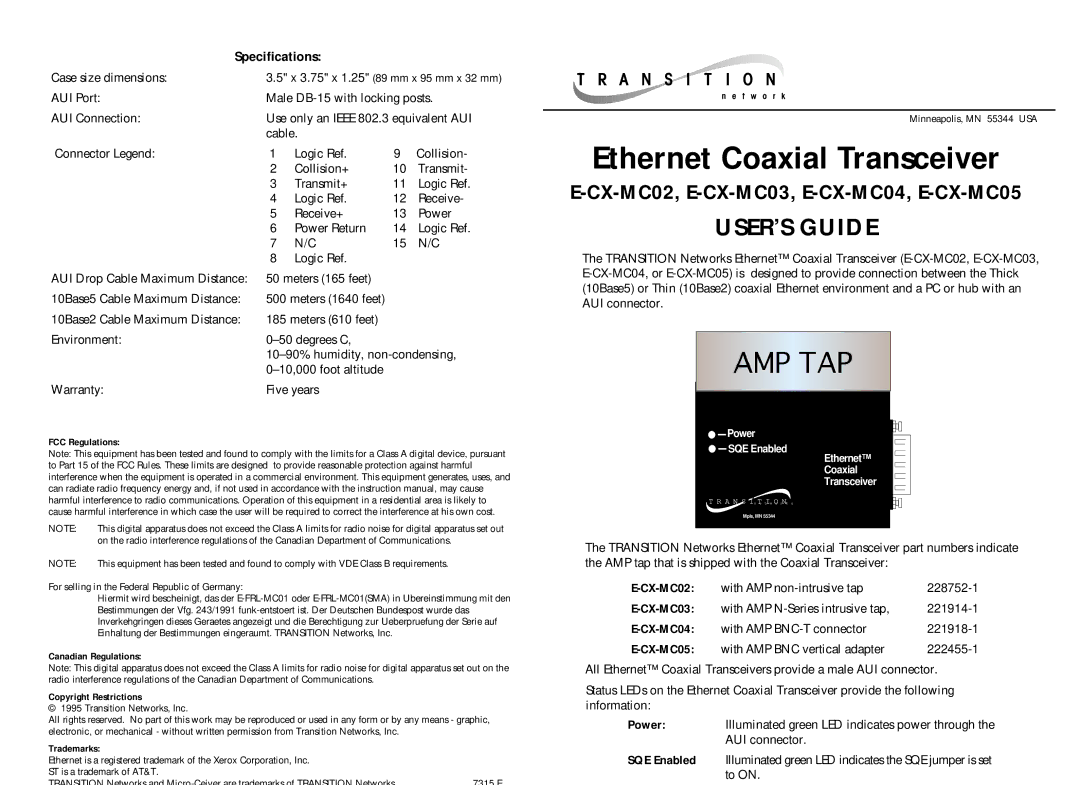 Transition Networks E-CX-MC02 specifications FCC Regulations, Canadian Regulations Copyright Restrictions, Trademarks 