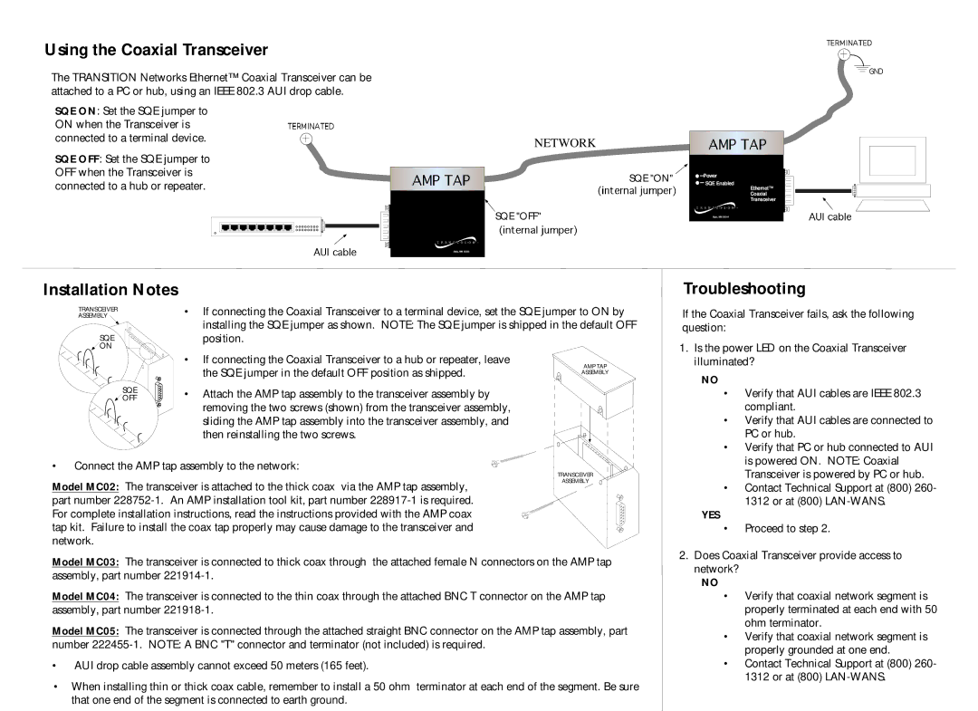 Transition Networks E-CX-MC02 specifications Using the Coaxial Transceiver, Installation Notes Troubleshooting 