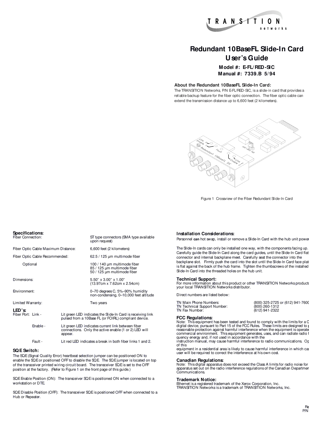 Transition Networks E-FL/RED-SIC specifications Specifications, LEDs, SQE Switch, Installation Considerations 