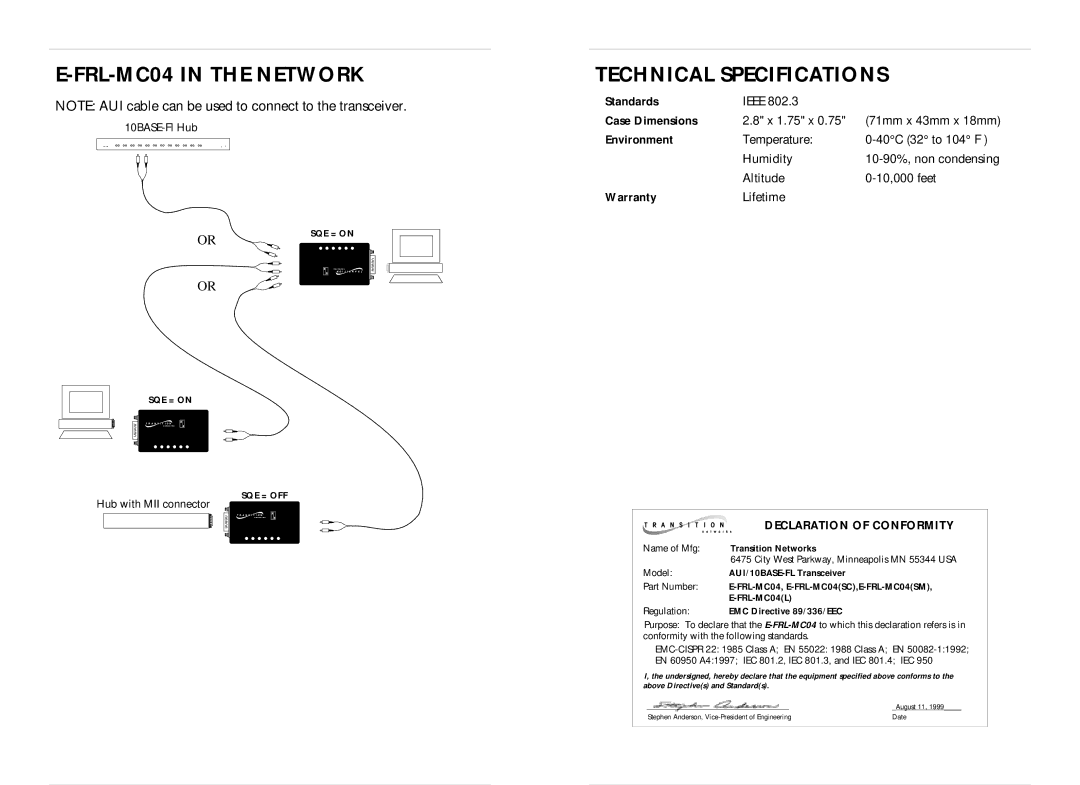 Transition Networks E-FRL-MC04 instruction manual FRL-MC04 in the Network Technical Specifications, Environment, Warranty 