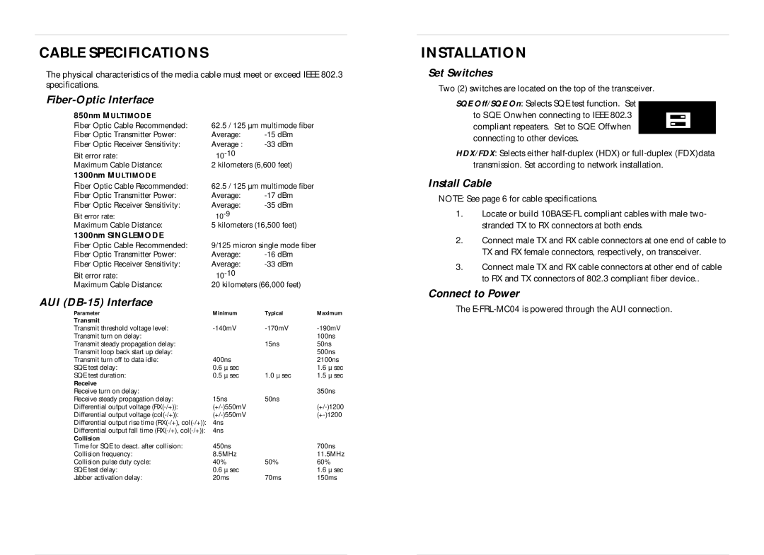 Transition Networks E-FRL-MC04 instruction manual Cable Specifications, Installation 