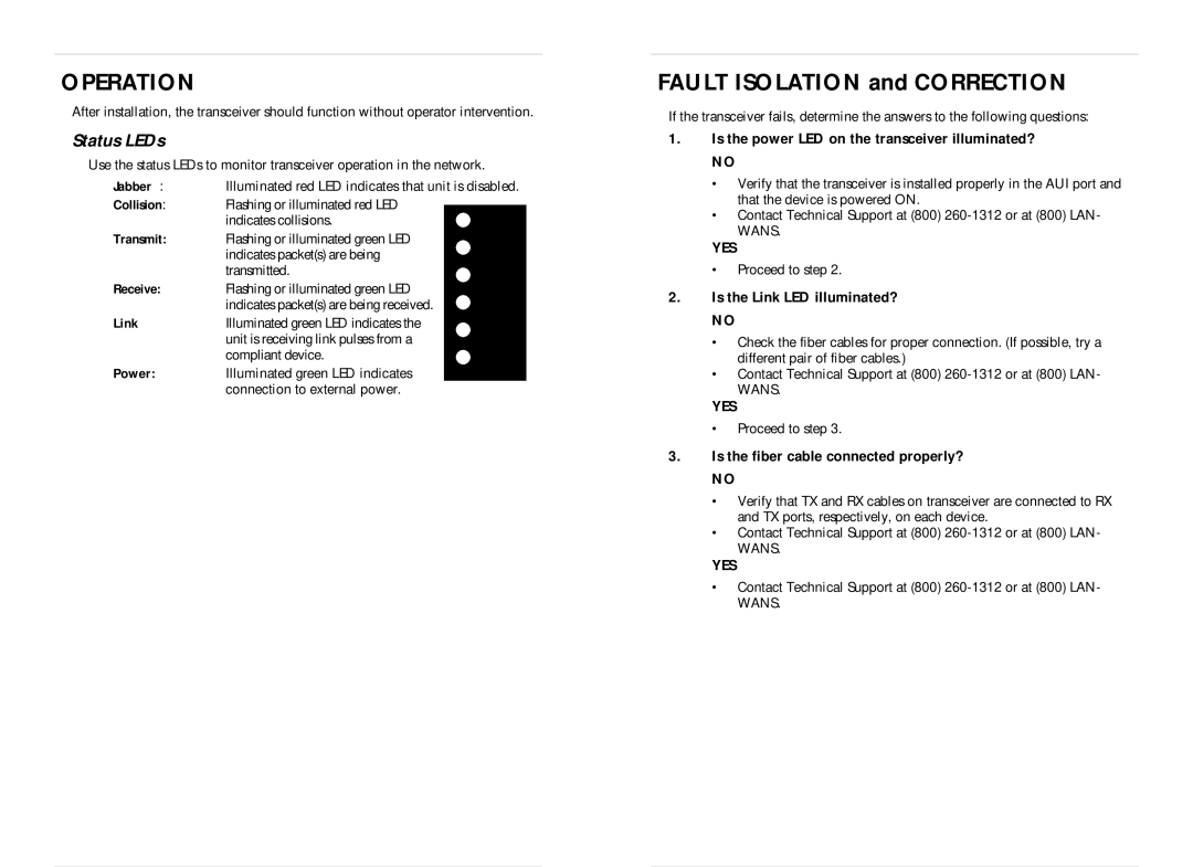 Transition Networks E-FRL-MC04 instruction manual Operation, Status LEDs 