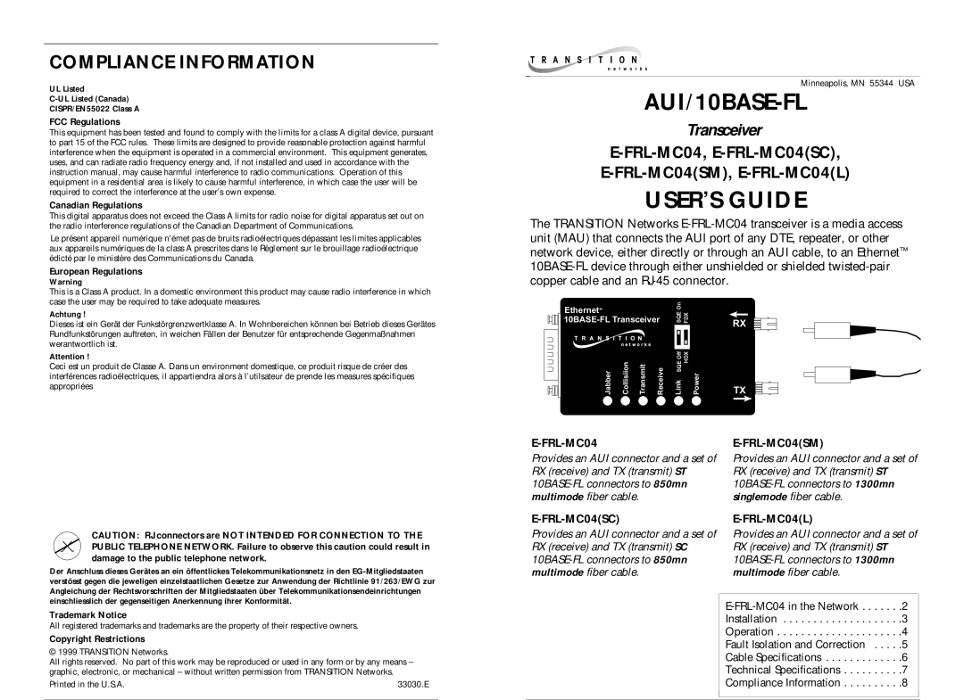 Transition Networks instruction manual Compliance Information, E-FRL-MC04E-FRL-MC04SM, AUI/10BASE-FL, User’S Guide 