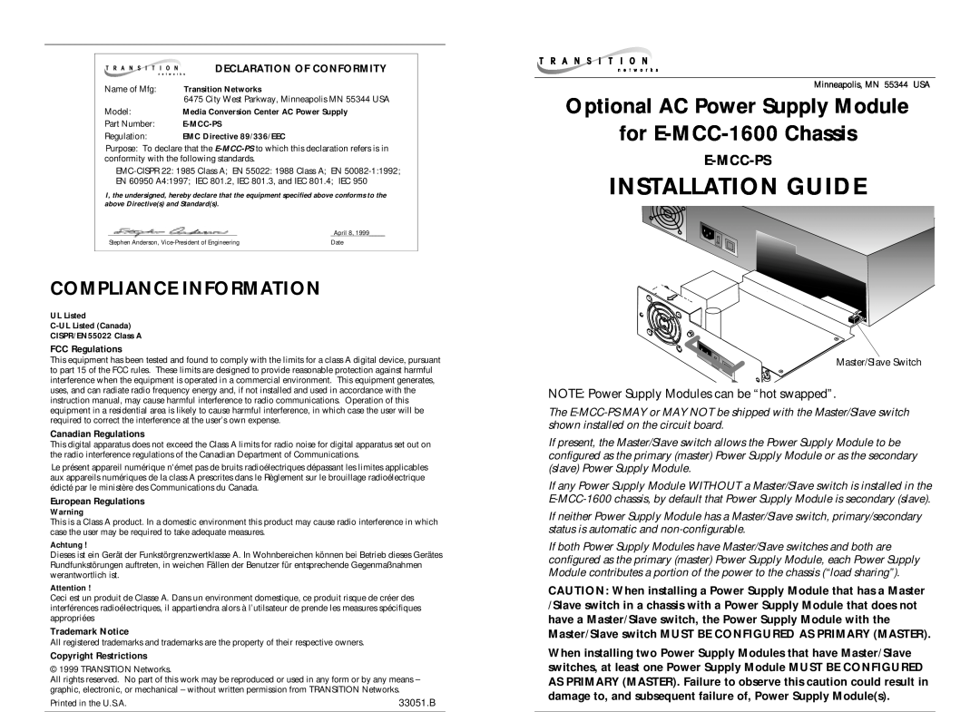 Transition Networks E-MCC-1600 instruction manual Compliance Information, Installation Guide, E-Mcc-Ps 