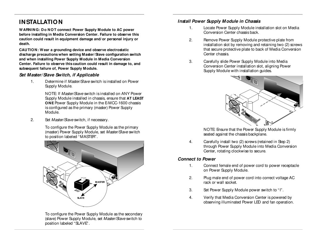 Transition Networks E-MCC-1600 instruction manual Installation, Set Master/Slave Switch, if Applicable, Connect to Power 