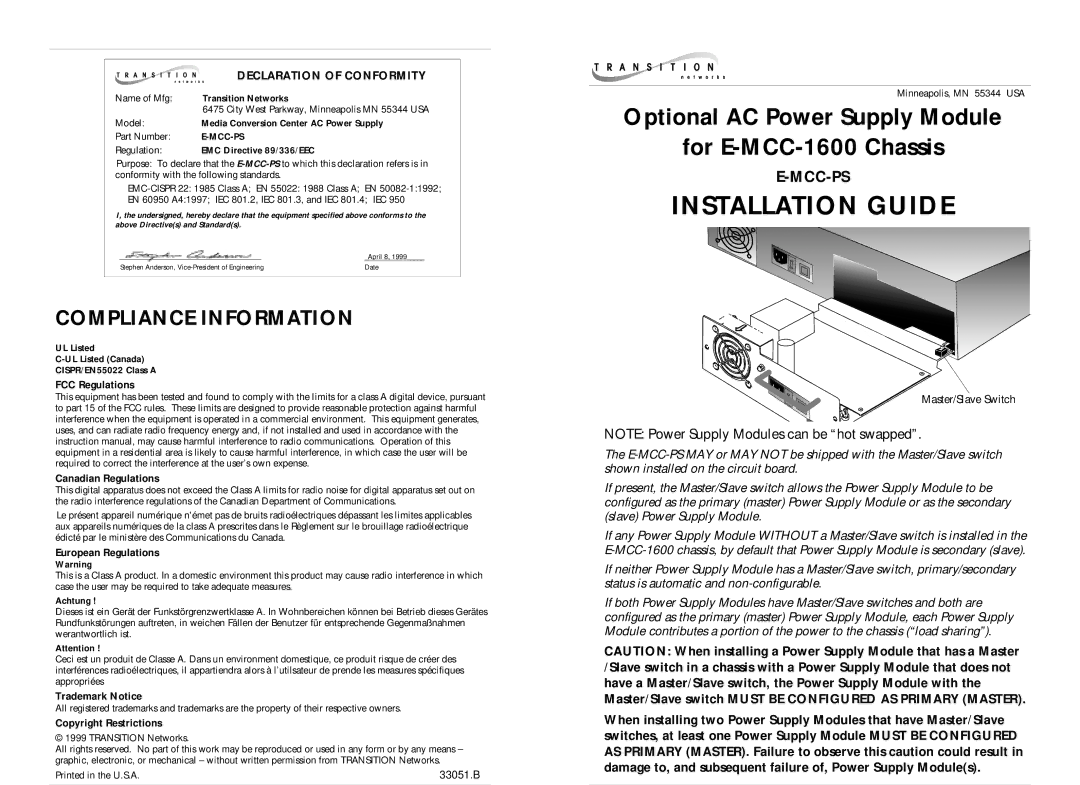 Transition Networks E-MCC-1600 instruction manual Compliance Information, FCC Regulations Canadian Regulations 