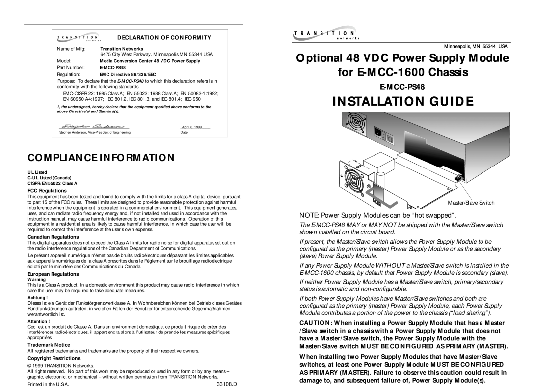 Transition Networks E-MCC-PS48 instruction manual Compliance Information, Installation Guide 