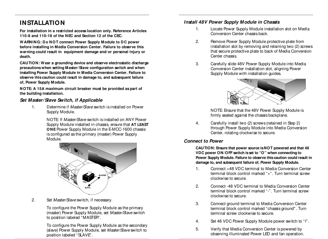 Transition Networks E-MCC-PS48 instruction manual Installation, Set Master/Slave Switch, if Applicable, Connect to Power 
