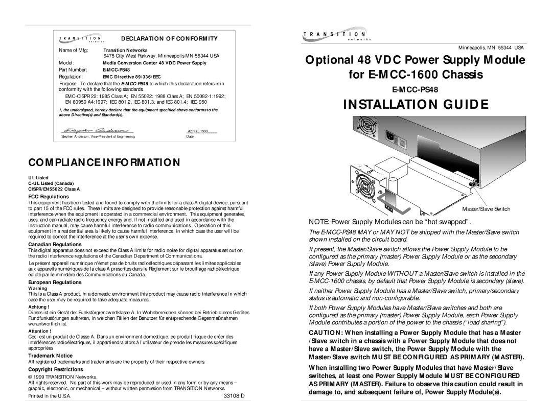 Transition Networks E-MCC-PS48 instruction manual Compliance Information, FCC Regulations Canadian Regulations 