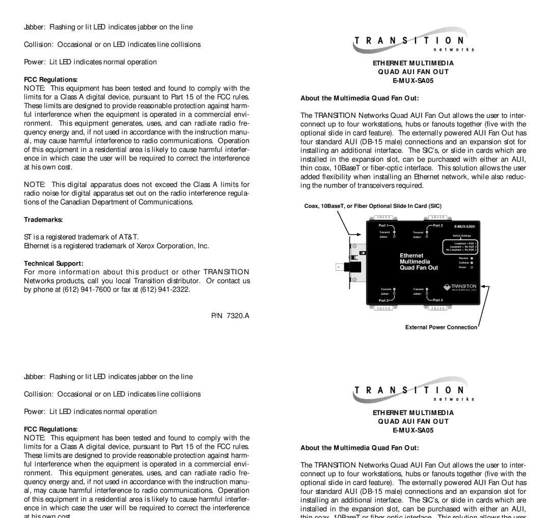 Transition Networks E-MUX-SA05 instruction manual FCC Regulations Trademarks, Technical Support 