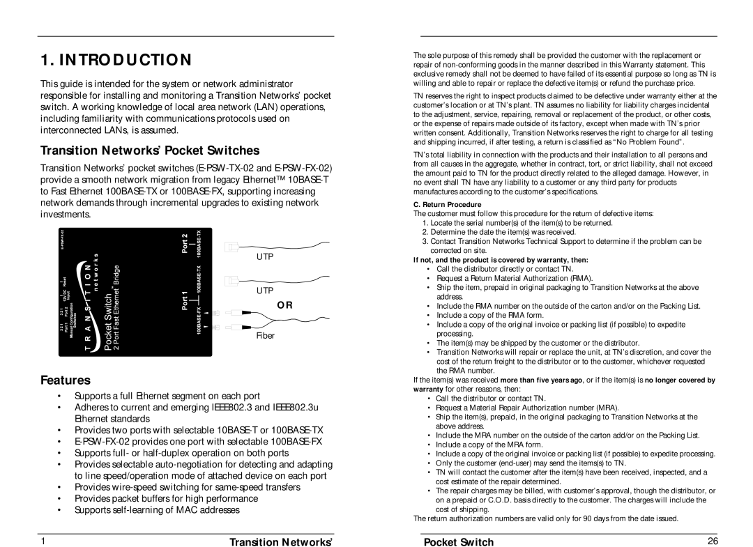 Transition Networks E-PSW-TX-02 technical specifications Introduction, Transition Networks’ Pocket Switches, Features 