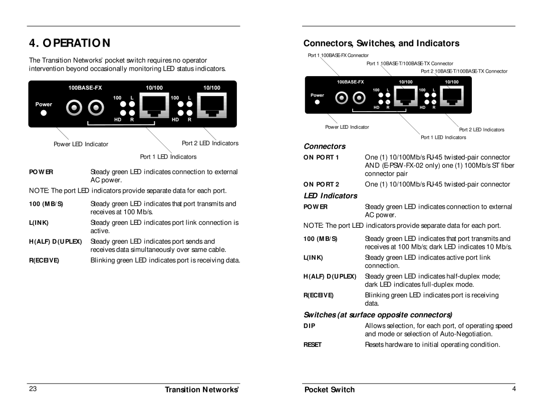 Transition Networks E-PSW-TX-02 Operation, Connectors, Switches, and Indicators, LED Indicators, 100 MB/S, Link, active 