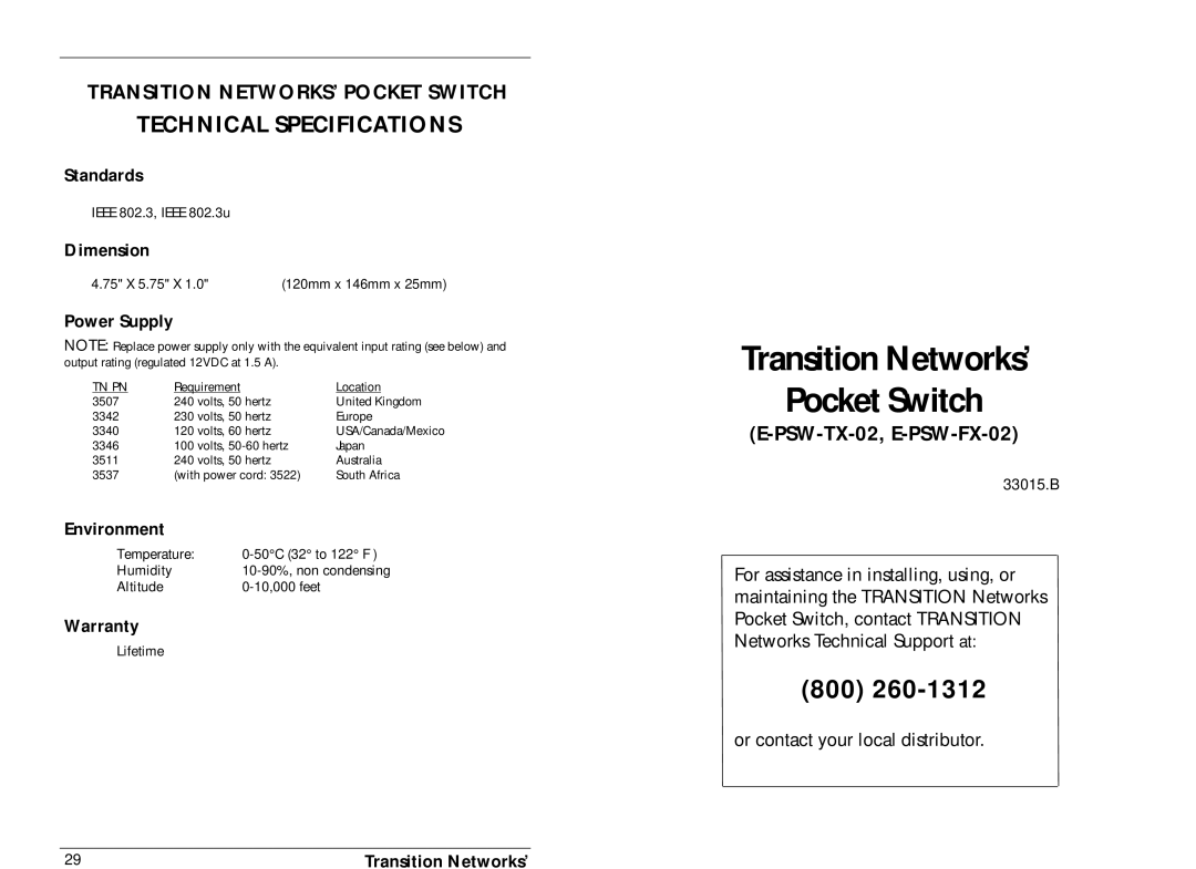 Transition Networks E-PSW-TX-02 technical specifications Technical Specifications, PSW-TX-02, E-PSW-FX-02 