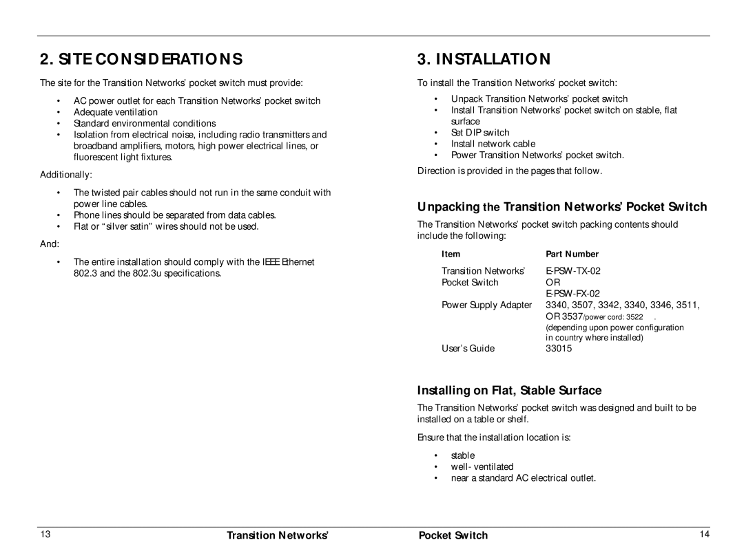 Transition Networks E-PSW-TX-02 Site Considerations, Installation, Unpacking the Transition Networks’ Pocket Switch 