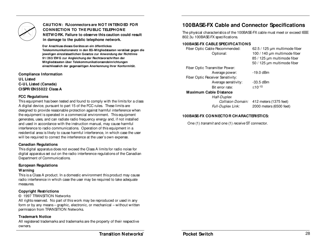 Transition Networks E-PSW-TX-02 100BASE-FX Cable and Connector Specifications, 100BASE-FX Cable Specifications 