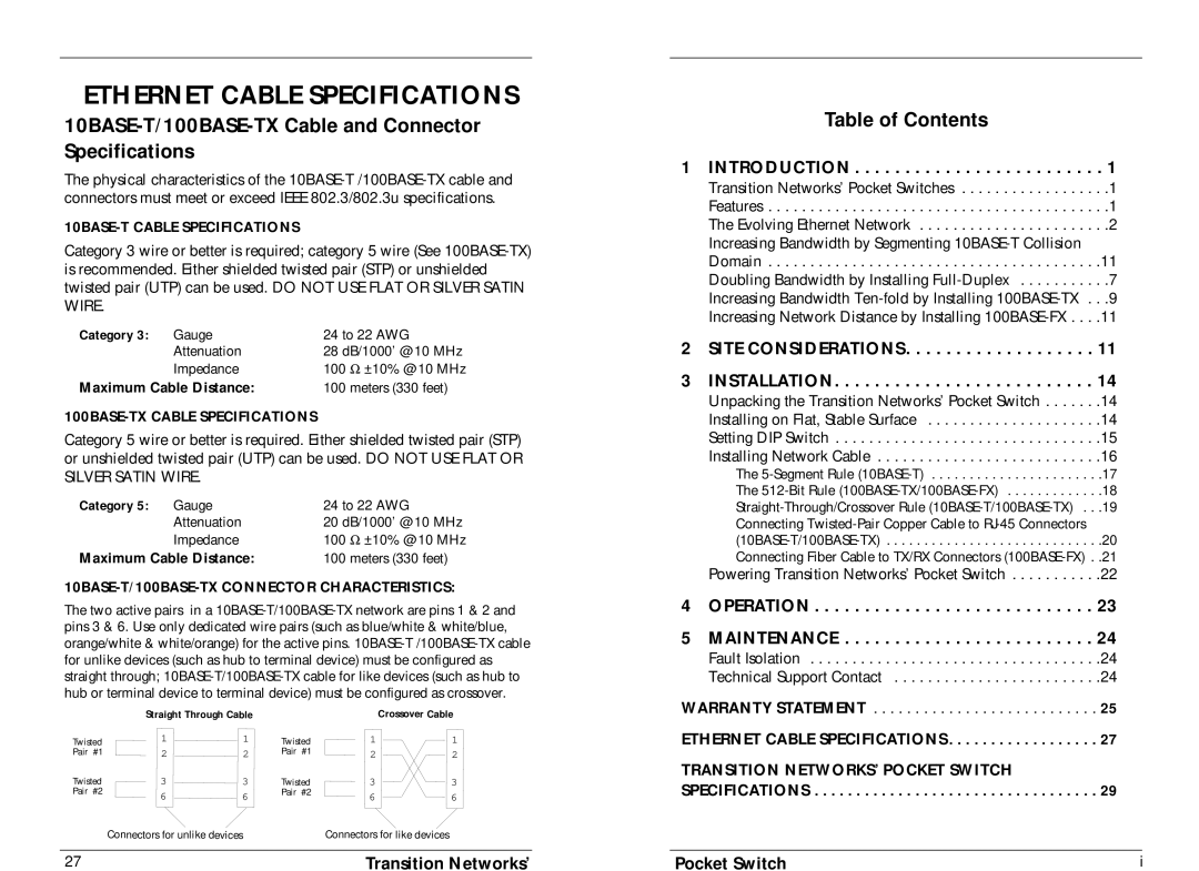 Transition Networks E-PSW-TX-02 Ethernet Cable Specifications, 10BASE-T/100BASE-TX Cable and Connector Specifications 