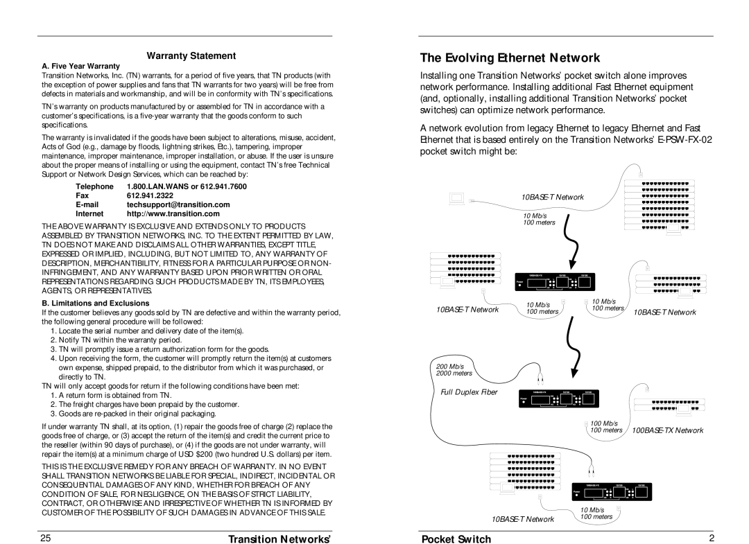 Transition Networks E-PSW-TX-02 technical specifications Evolving Ethernet Network, Warranty Statement 