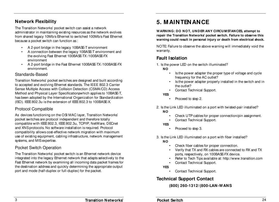 Transition Networks E-PSW-TX-02 Maintenance, Network Flexibility, Fault Isolation, Technical Support Contact 