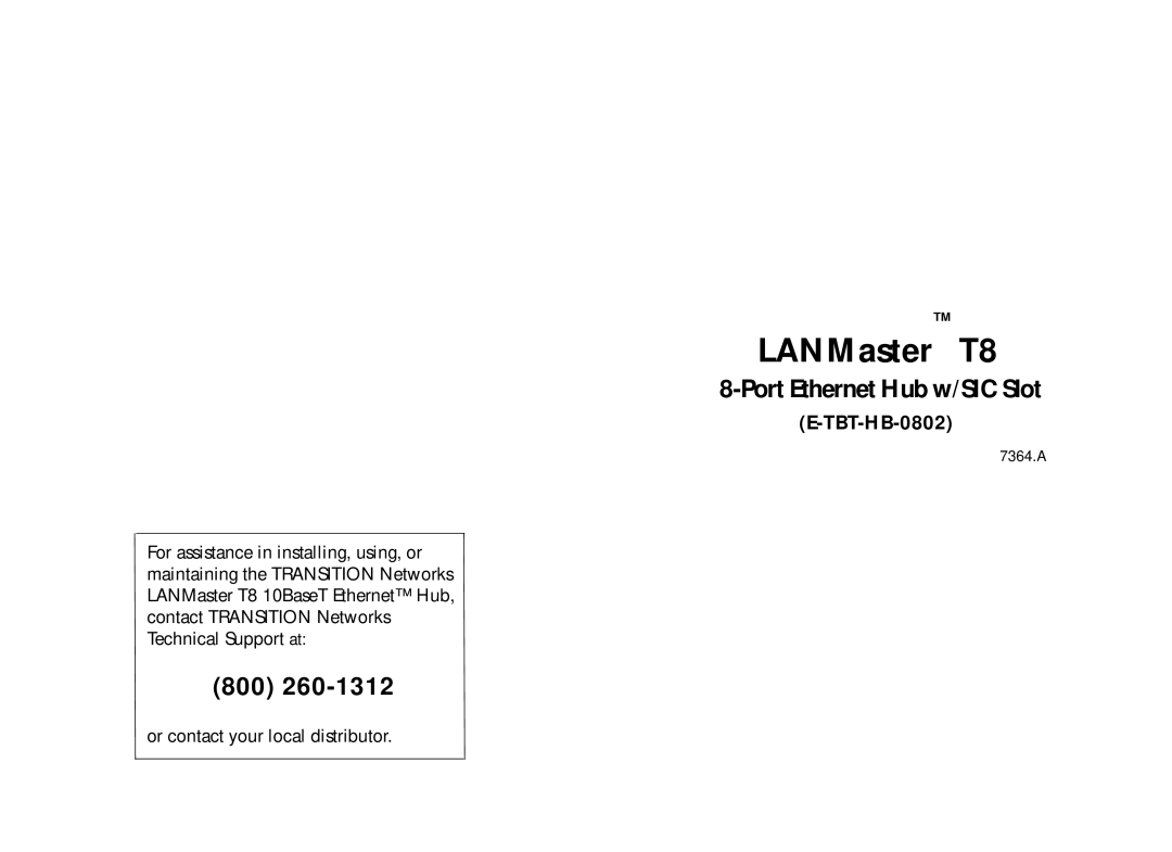 Transition Networks E-TBT-HB-0802 manual LANMaster T8 