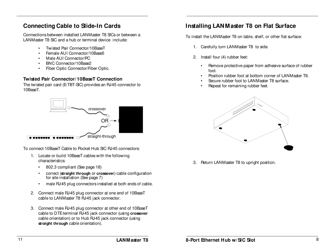 Transition Networks E-TBT-HB-0802 manual Connecting Cable to Slide-In Cards, Installing LANMaster T8 on Flat Surface 