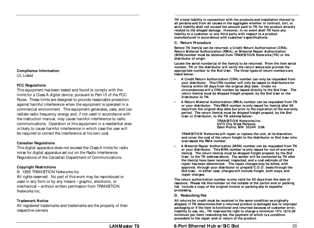 Transition Networks E-TBT-HB-0802 manual LANMaster T8 Port Ethernet Hub w/SIC Slot 