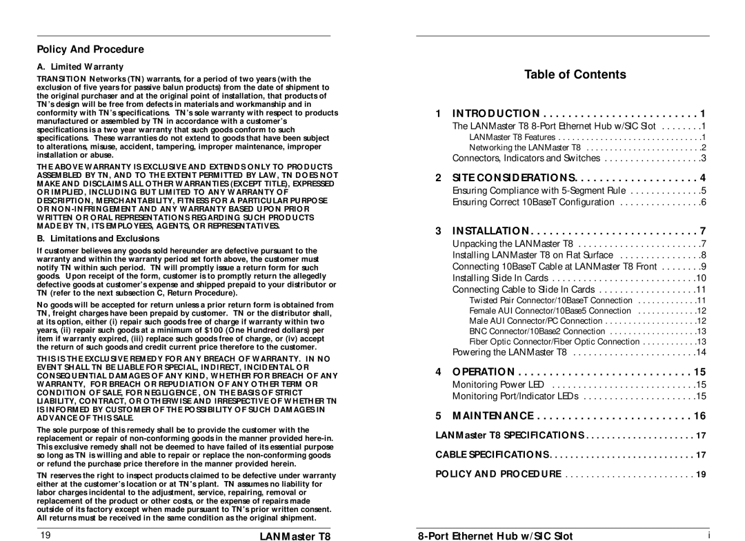 Transition Networks E-TBT-HB-0802 manual Table of Contents 