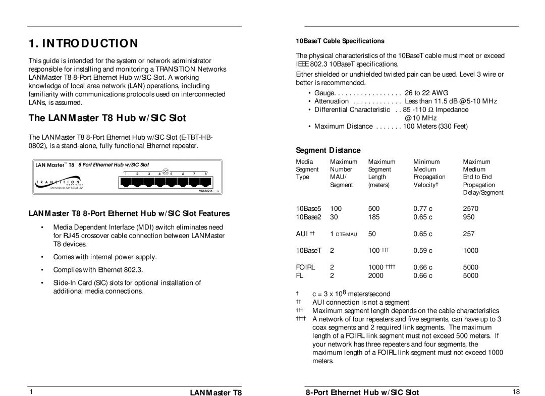 Transition Networks E-TBT-HB-0802 manual Introduction, LANMaster T8 Hub w/SIC Slot, Segment Distance 