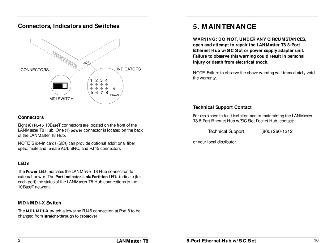 Transition Networks E-TBT-HB-0802 manual Maintenance, Connectors, Indicators and Switches 